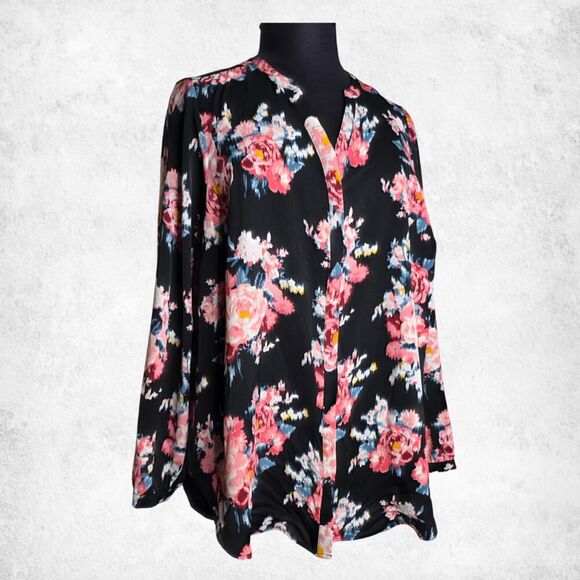 Torrid Floral Blouse 3X – Black Pink Rose Print Top Plus Size Long Sleeve - Picture 2 of 6